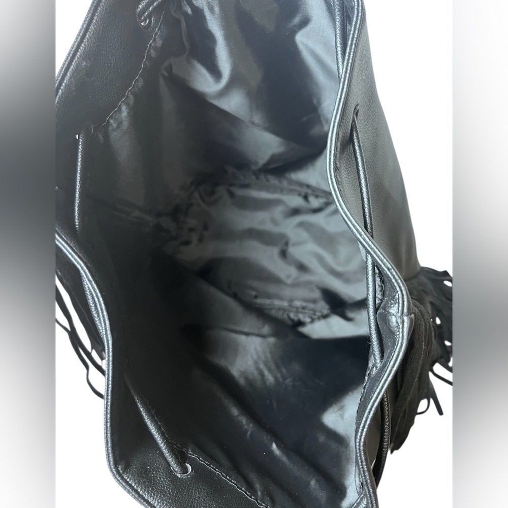 VICTORIA'S SECRET Black Faux Leather Fringe Drawstring Bucket Backpack NWT tags - Picture 5 of 11